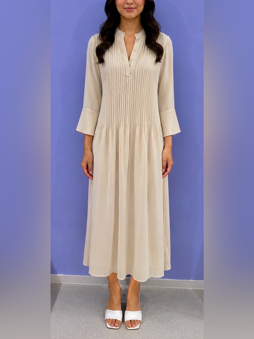 Cream Pintuck Midi Dress with Split Neckline